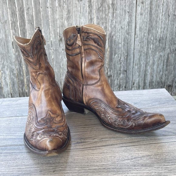 Damy Cowboy Ankle Boots Men 10/ 43 Brown Leather Embroidered Side Zip Italy Made - Picture 2 of 15